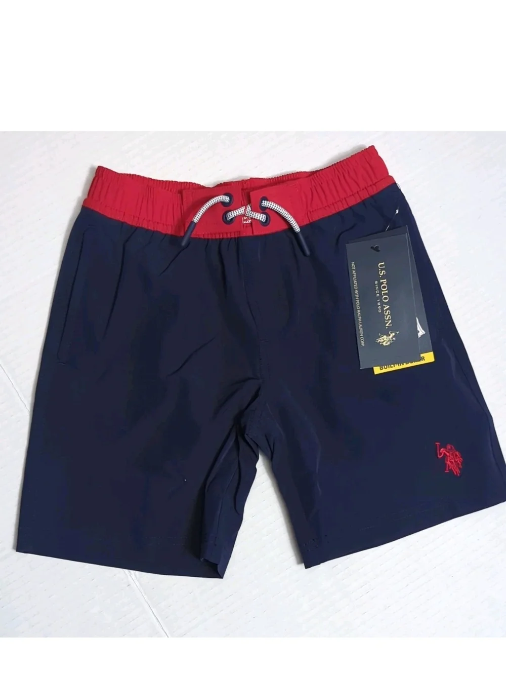 U.S. Polo Assn. Navy Blue Athletic Swim Shorts with Red Waistband